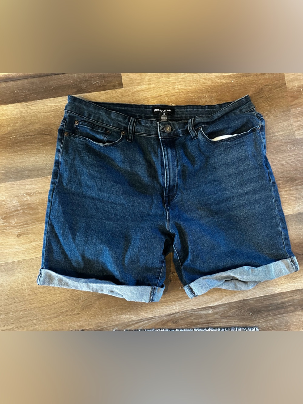 DKNY Dark Blue Denim Shorts with Branded Button